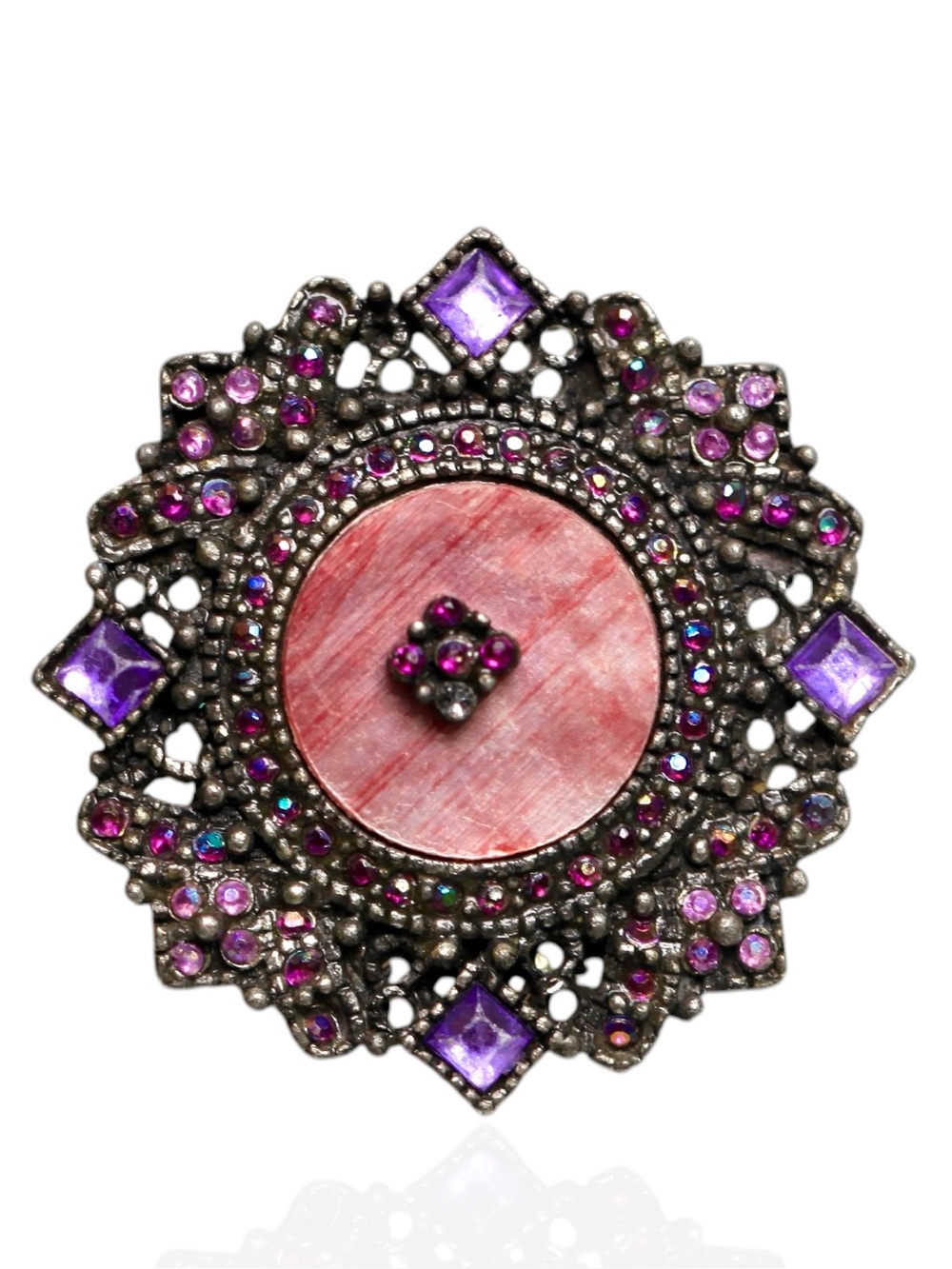 Vintage Aurora Borealis Rhinestone Brooch Pin Openwork Silver Tone Floral